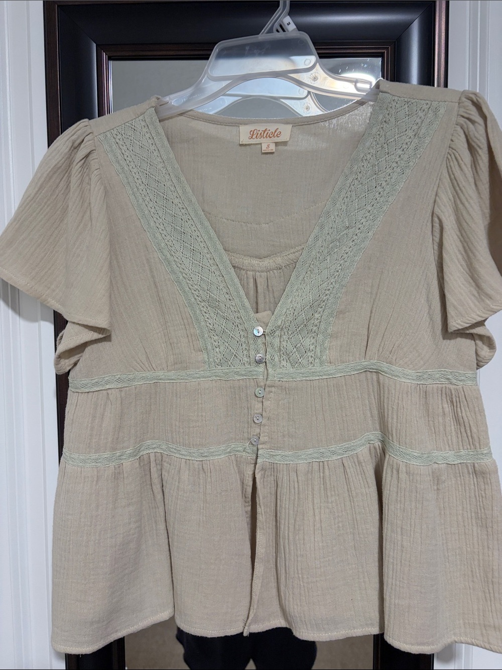 Listicle Beige Blouse with delicate lace trim in lighter beige thread